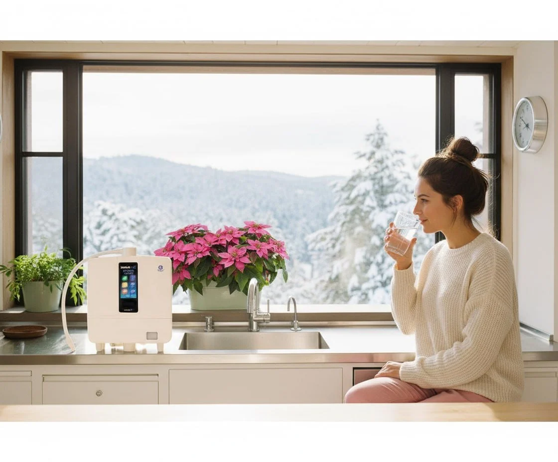 Leveluk K8 Water Machine in Kitchen with snow outside in the French Alps