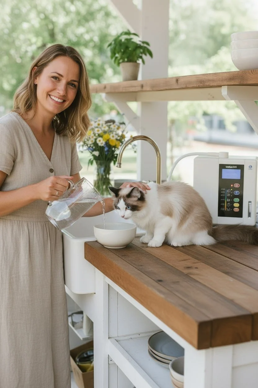 Smiling woman with her cat drinking kangen water with Leveluk SD501DX in background.