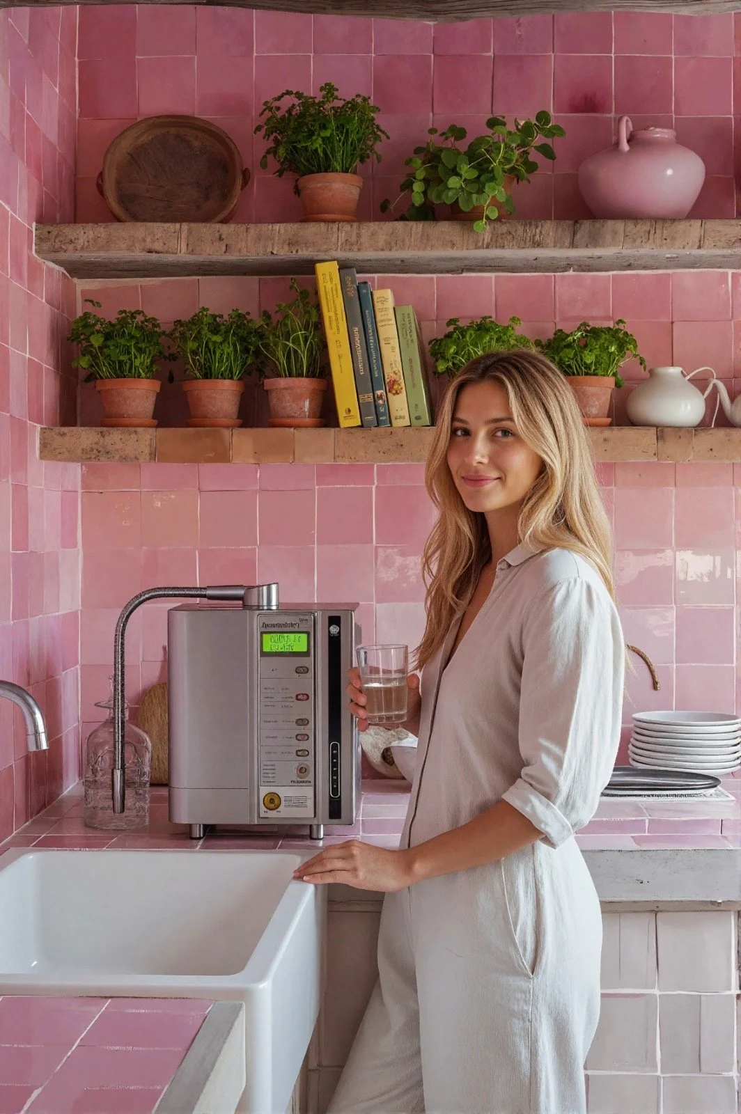Beautiful blonde woman in her luxury pink kitchen drinking kangen water from her Leveluk SD501 Platinum machine.