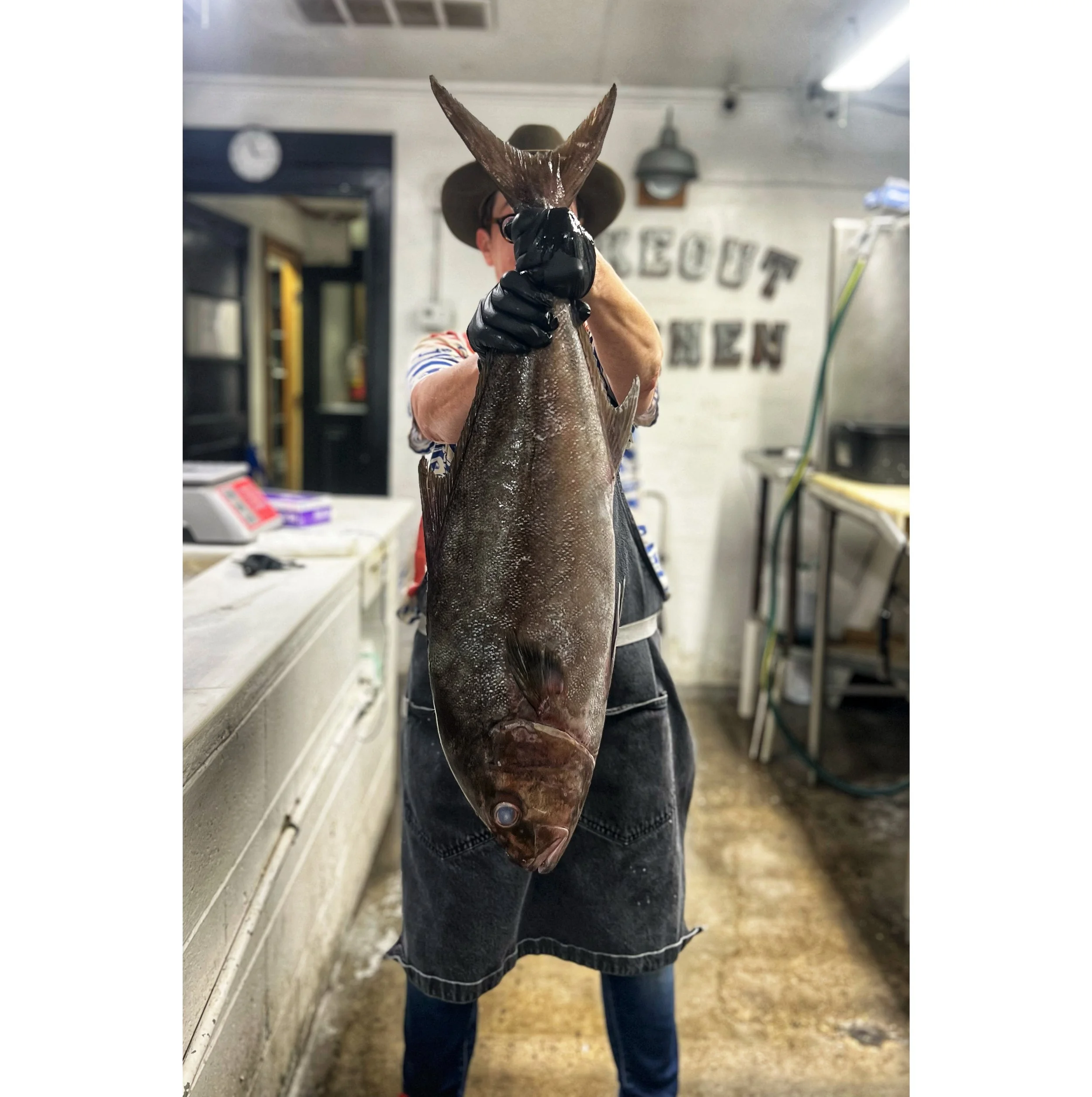 Person holding a large fish indoors at a seafood market or fish market, with signage on the wall behind.