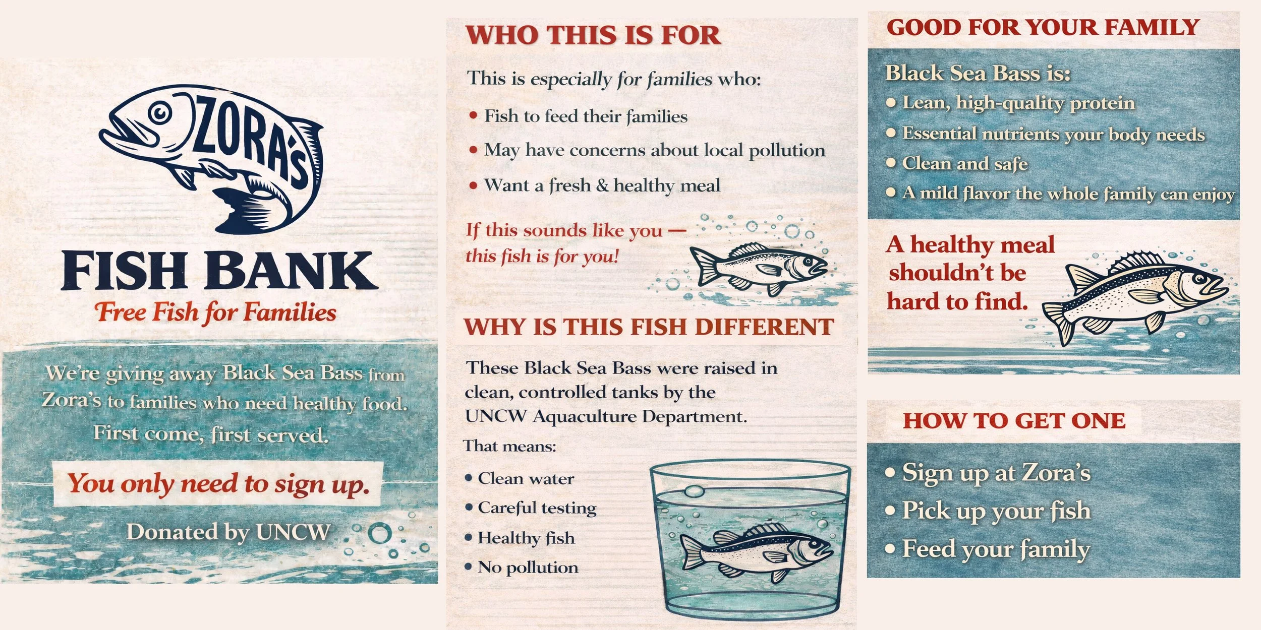 Flyer for Zora's Fish Bank offering free Black Sea Bass to families in need, highlighting benefits of eating this fish, and explaining how to sign up and receive the fish.