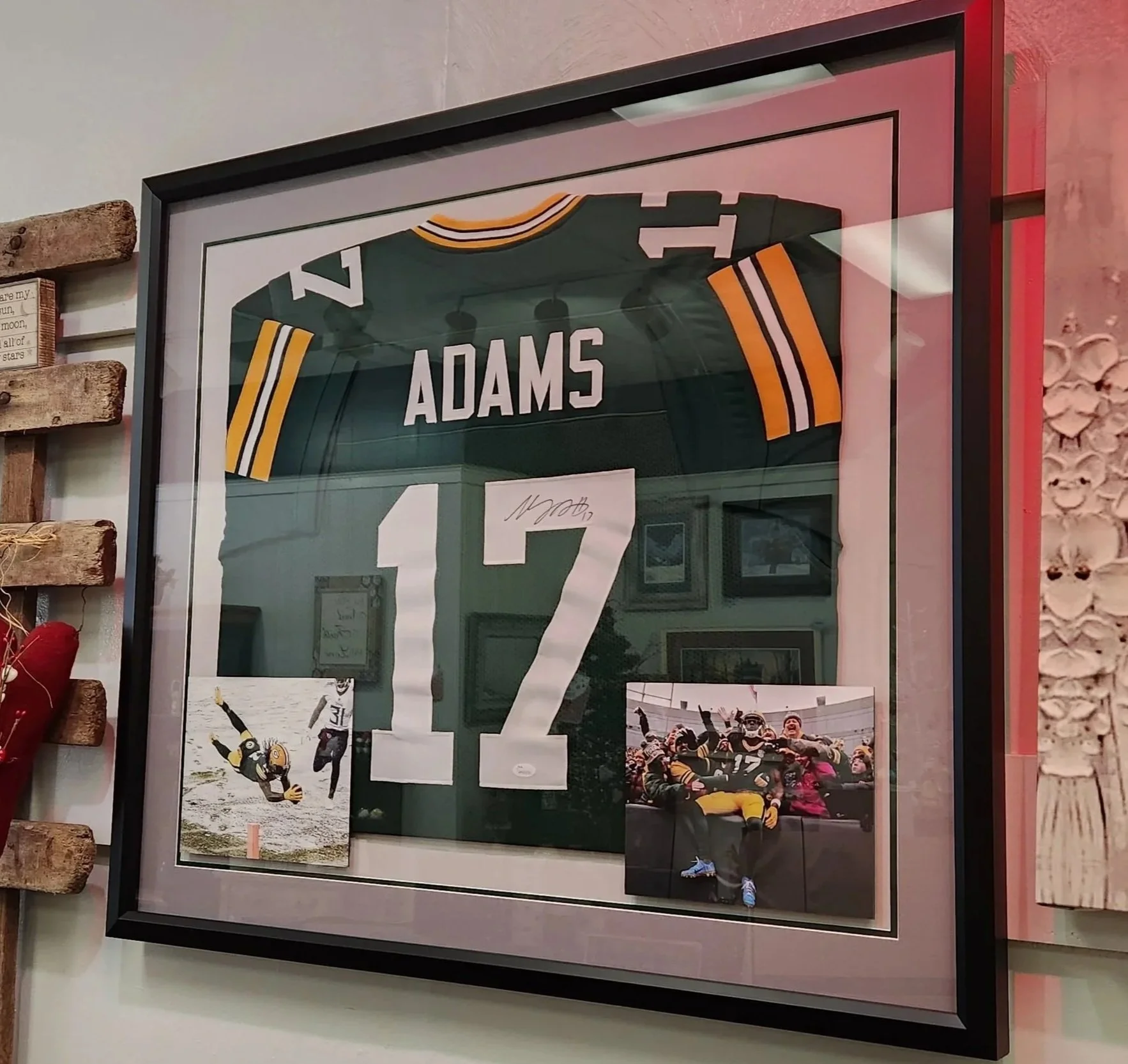 Sports Memorabilia framed with two printed images. Double mat. Devonte Adams Green Bay Packers jersey