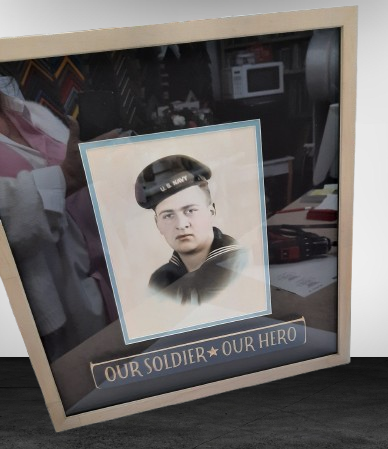 Navy Military Frame Shadowbox with single mat and decor from store