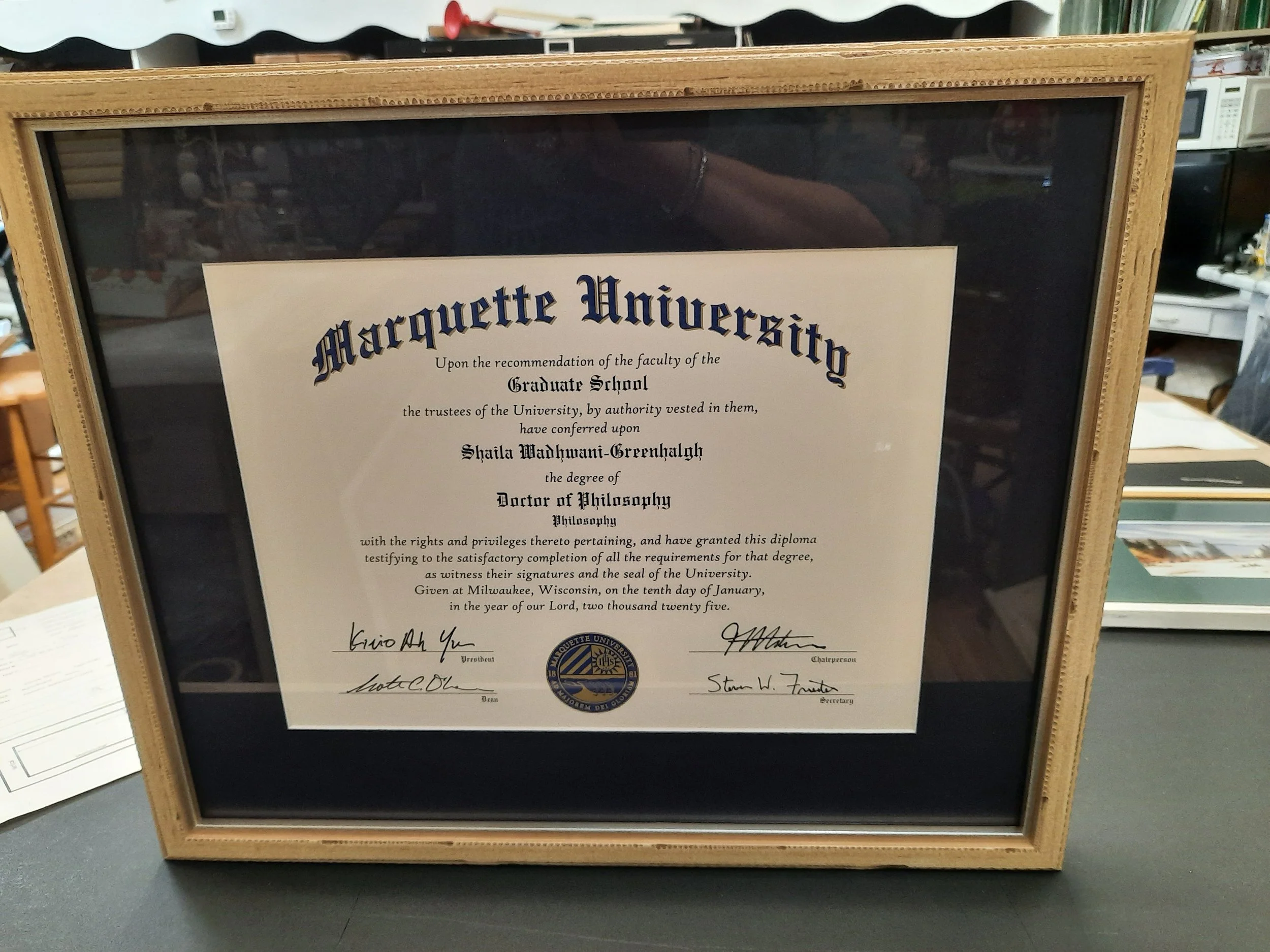Marquette University College Diploma frame with one mat