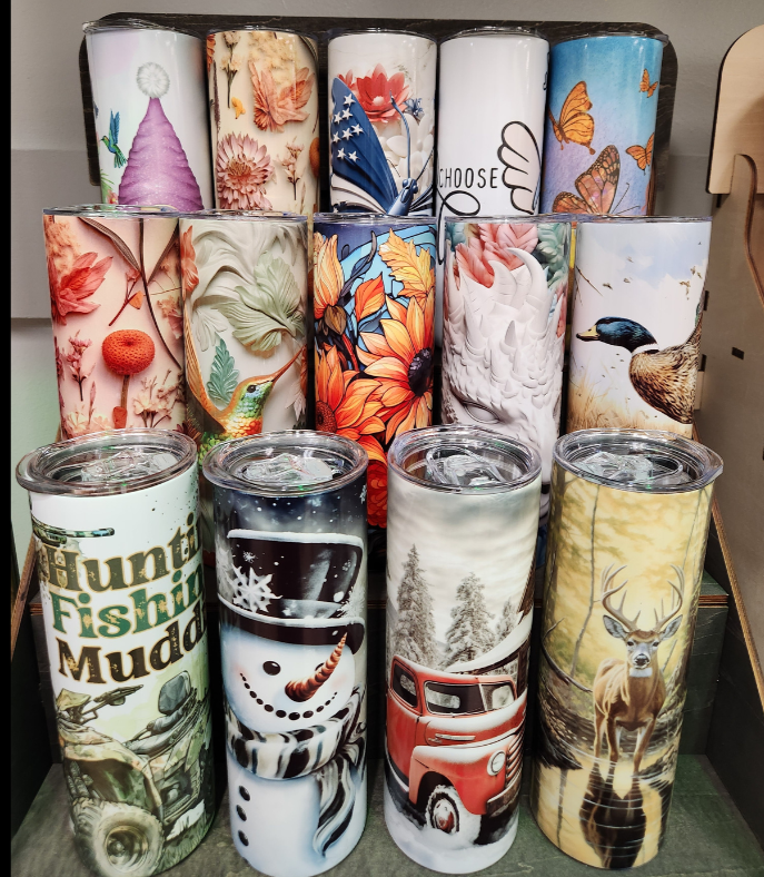 Multiple 20oz Custom Tumblers 3D images, seasonal, floral, gnomes, butterfly, waterfowl, holiday