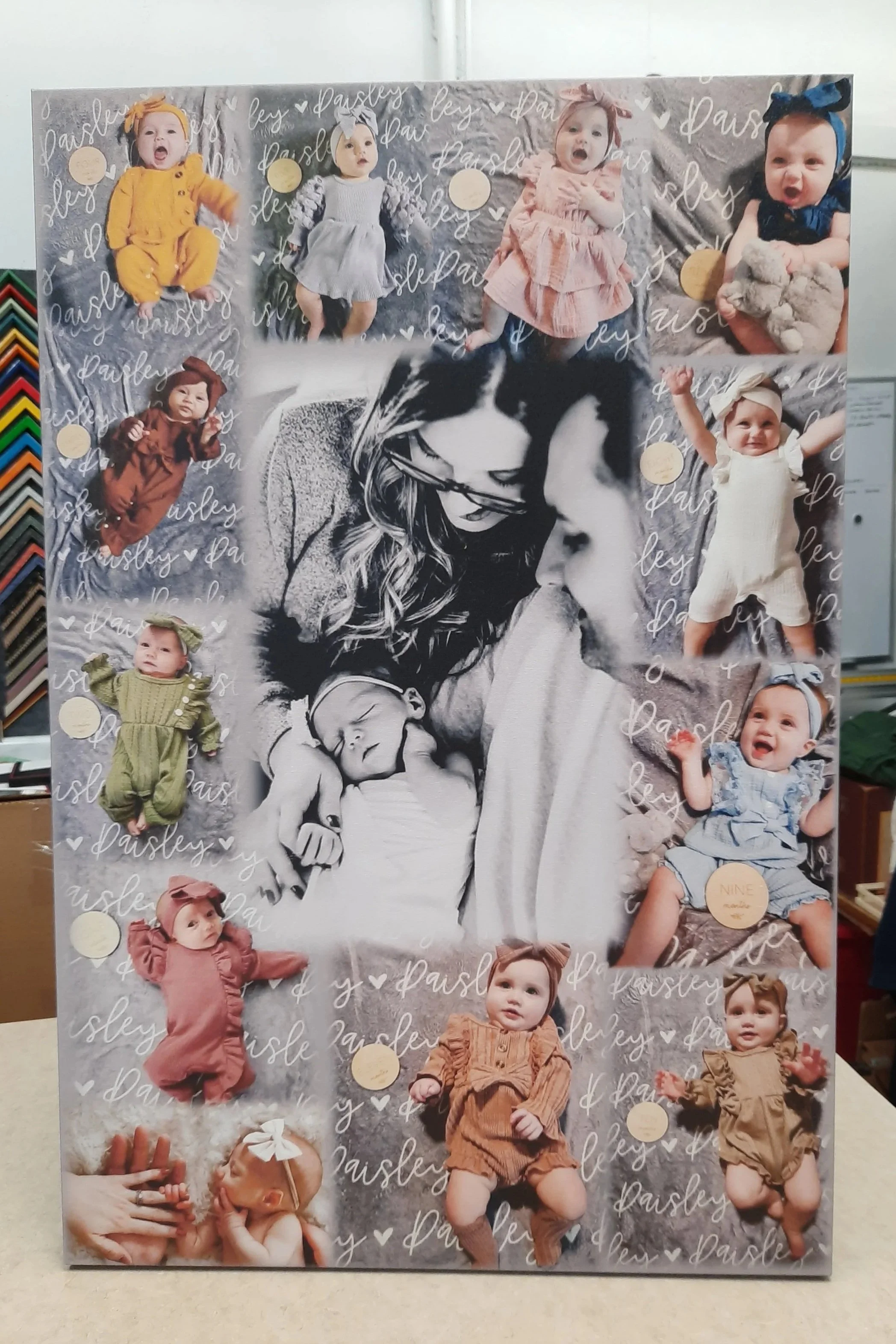 Collage Canvas Print for first year of new baby and family. 1.25" thick stretcher bar. Black and white. Photos