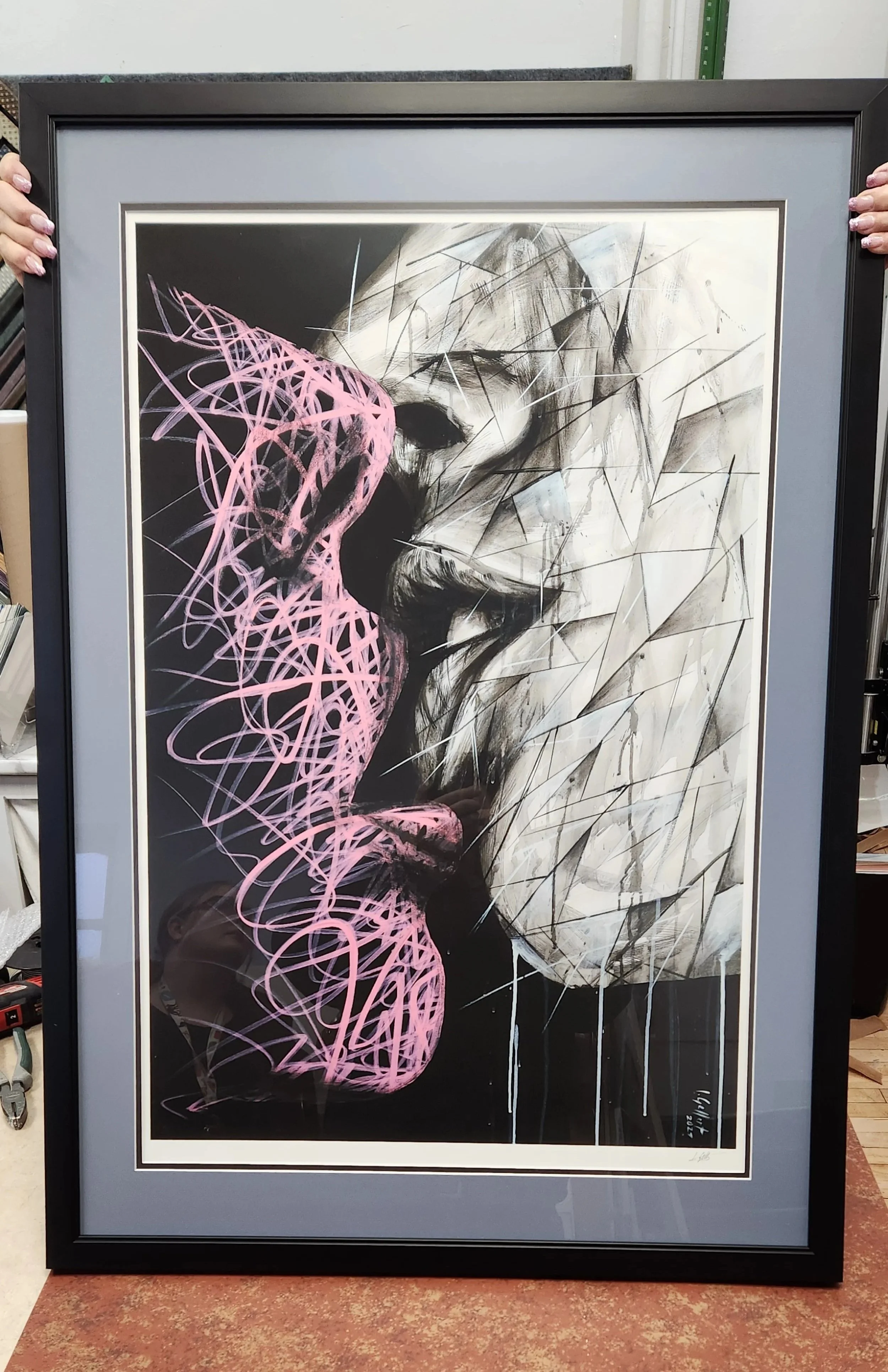 Charcoal Art Print kissing mouth with single mat