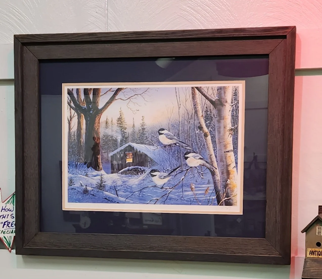 Chickadee birds. Winter scene. Double mat