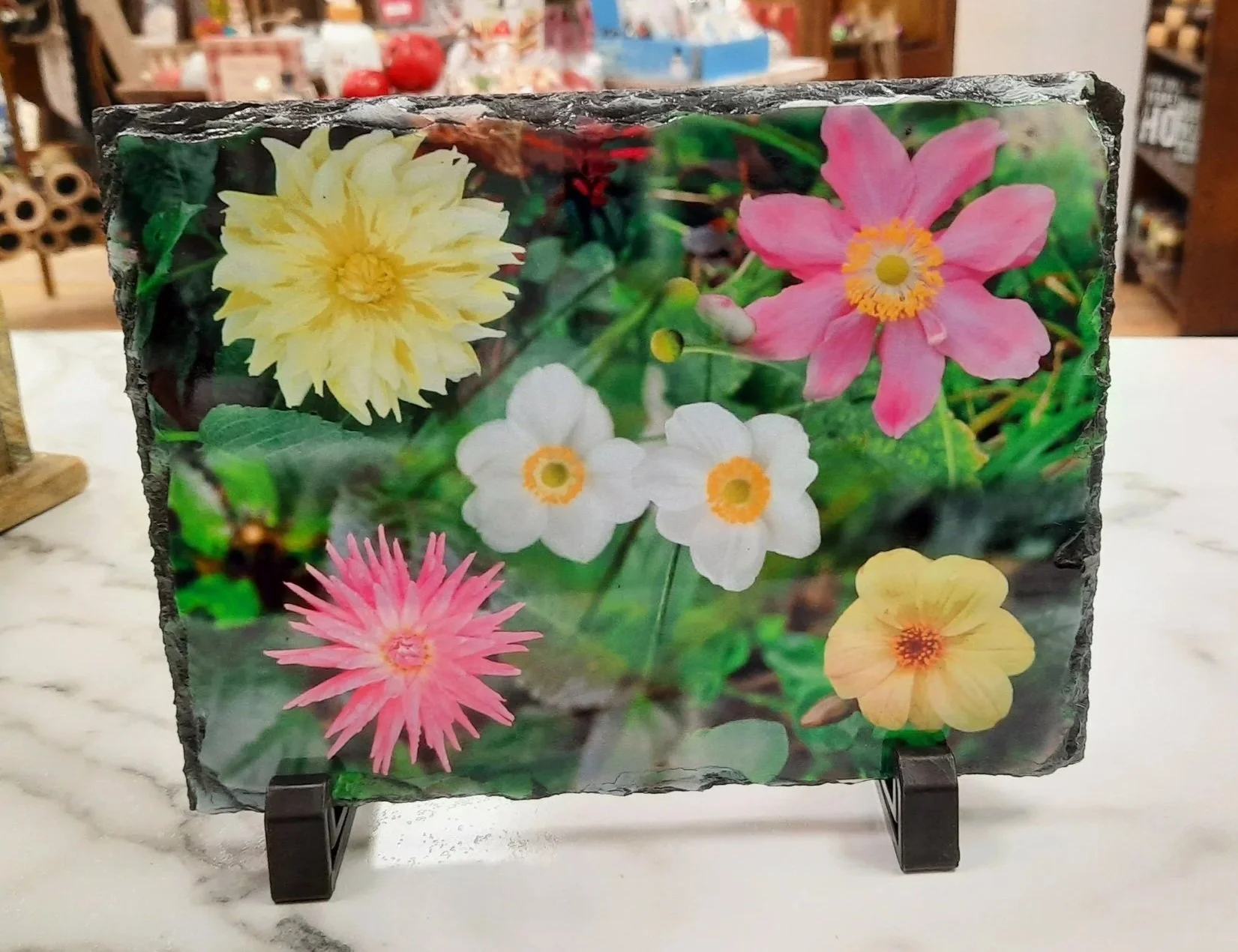 Custom floral photo slate with plastic stand