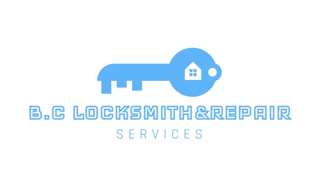 Logo for B.C. Locksmith & Repair Services featuring a blue key with a house icon on the head, and blue text.
