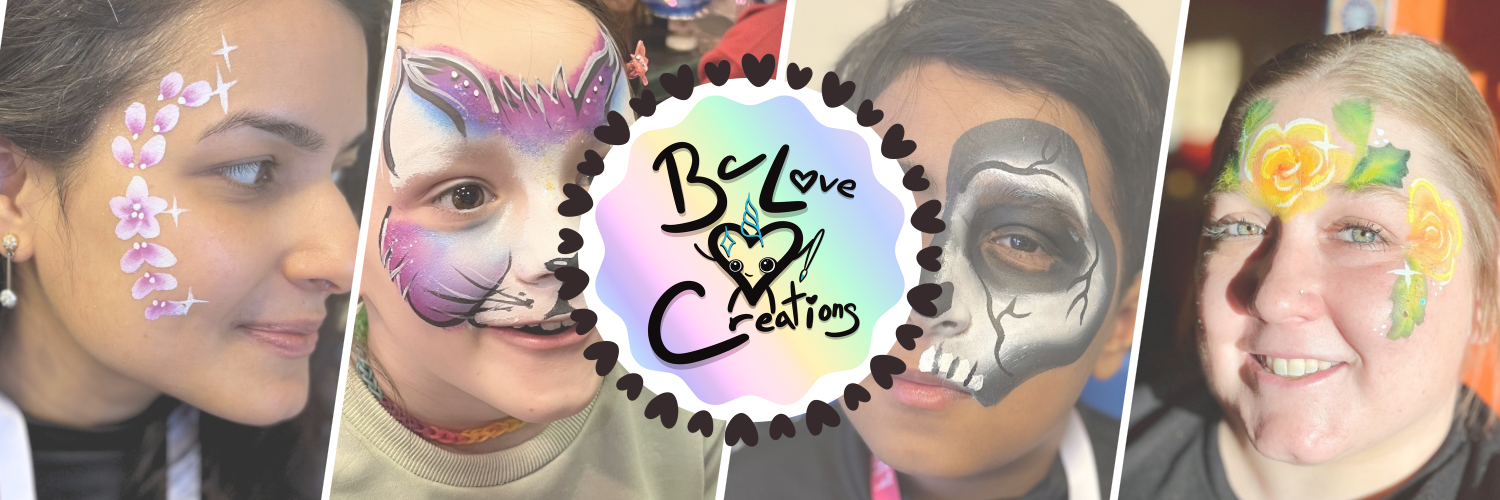 BcLoveCreations Logo in the middle of four images of face paintings. From left to right, some white and pink flowers and petals across a woman’s cheekbone, a purple and blue cat face paint, a black and white skull face painting, flower crown paint