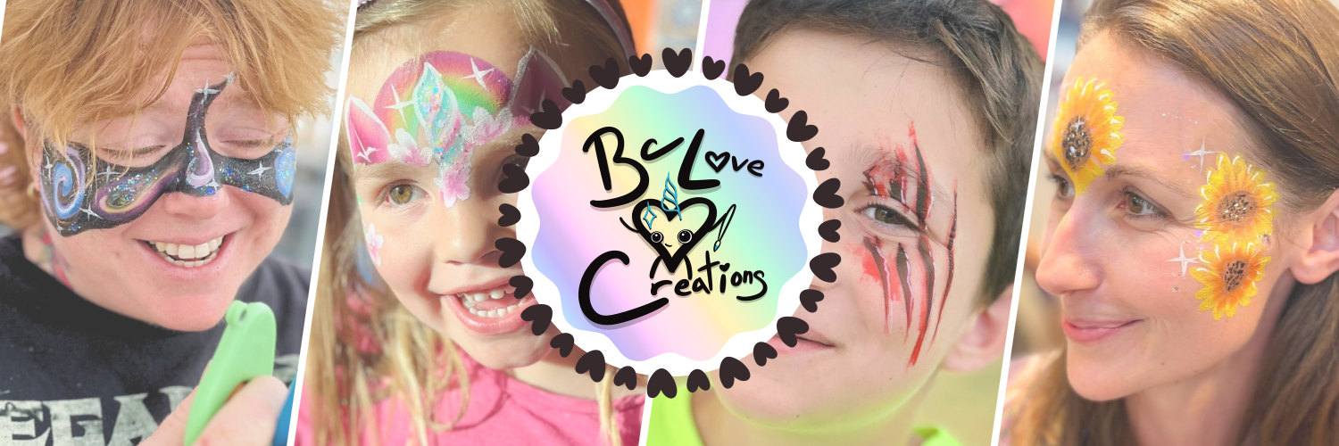 BcLoveCreations Banner with Face painting photos, galaxy face paint, unicorn face painting, realistic scratch mark paint, sunflower face paint