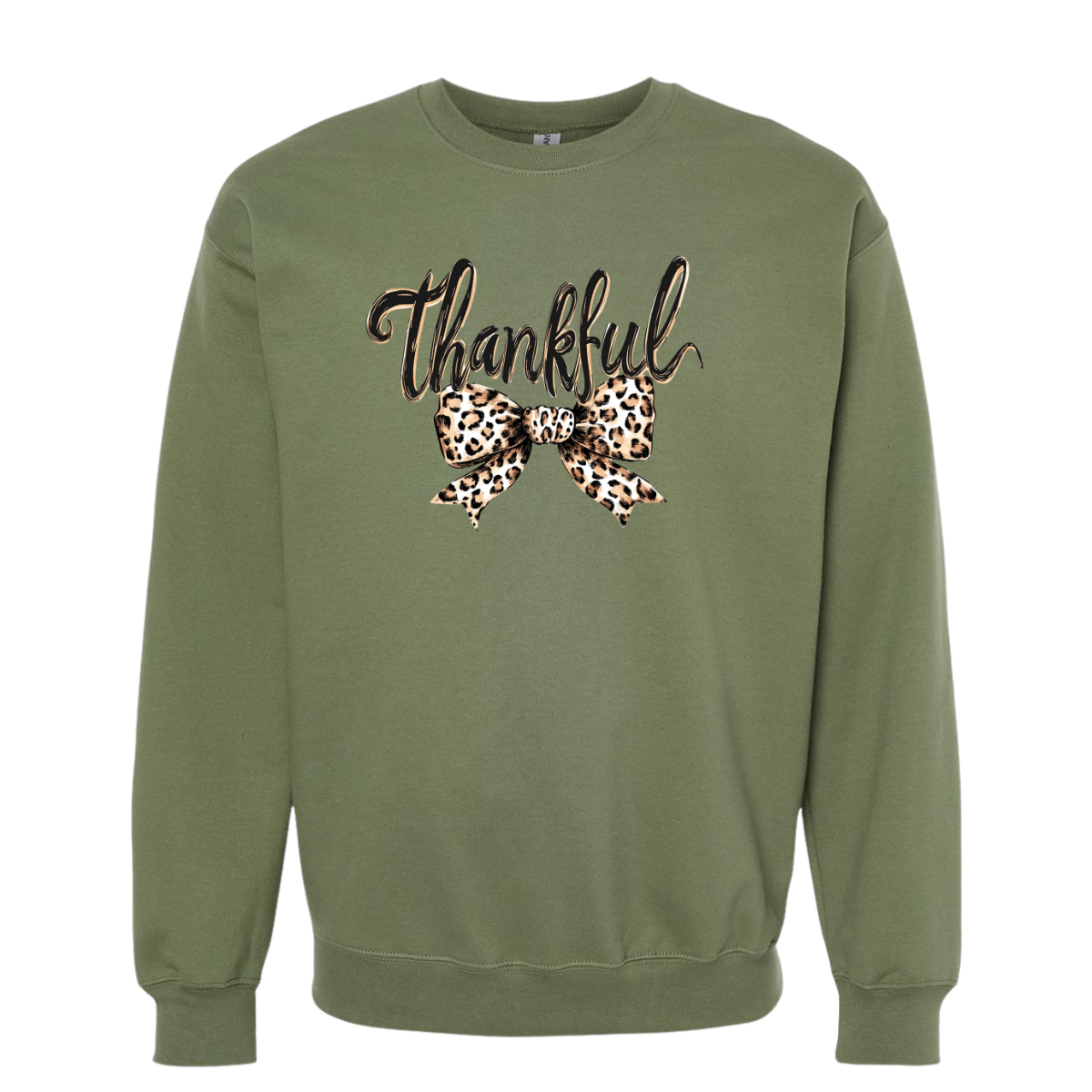 Thankful Leopard Bow Military Green Crew