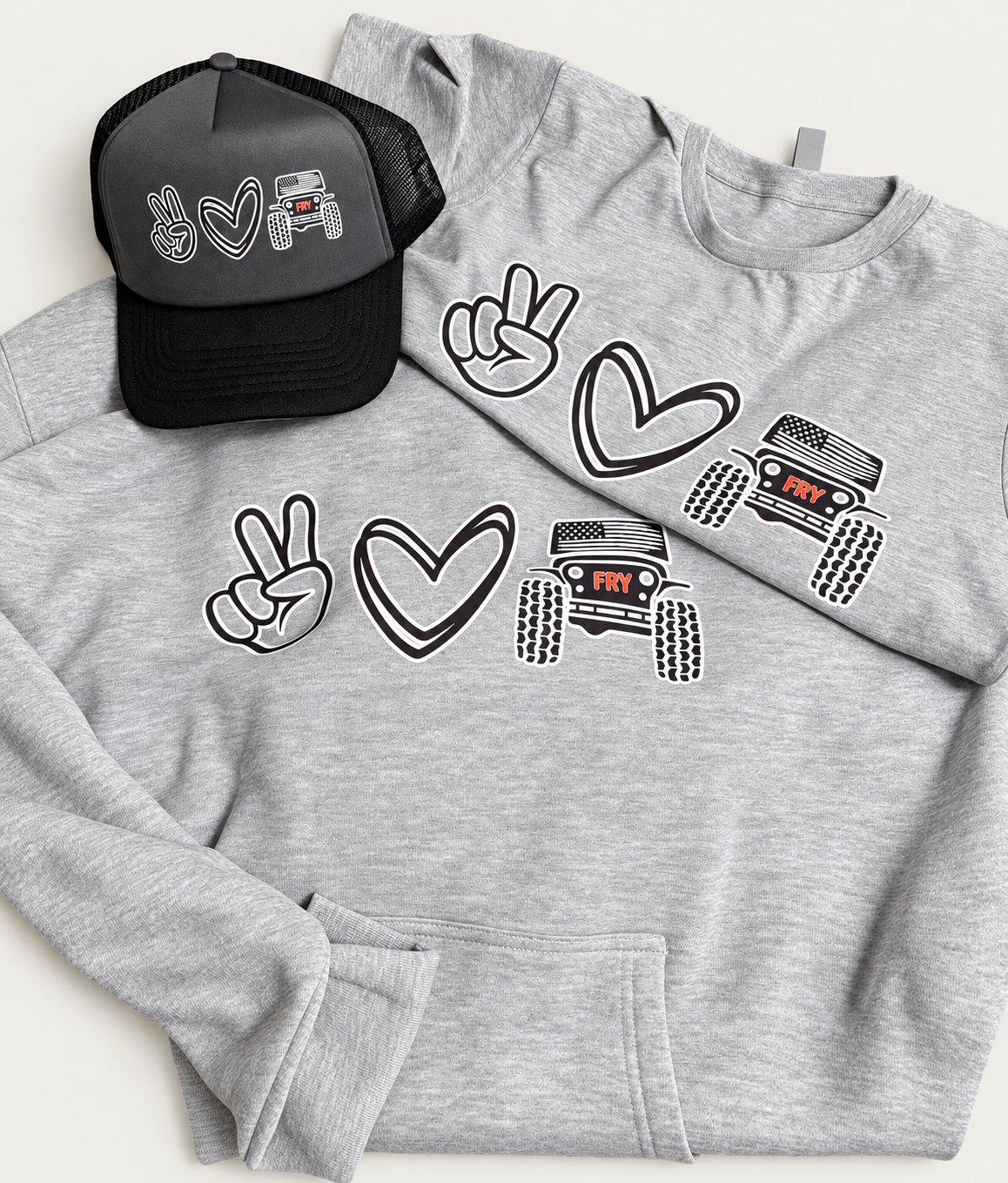 Custom orders · Coordinated printed apparel and a matching cap