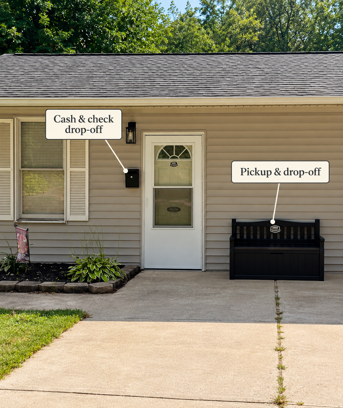 Office pickup guide: cash and check drop box left of the door; pickup and drop-off box right of the door.