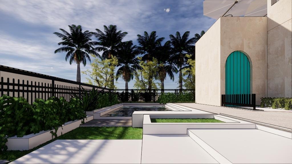A modern backyard with a small pool, green grass patches, and palm trees in the background under a partly cloudy sky.