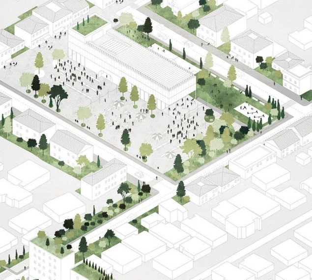 An aerial view of an urban park with trees, open grassy area, and a large building, surrounded by residential houses and streets, with people walking and gathering.