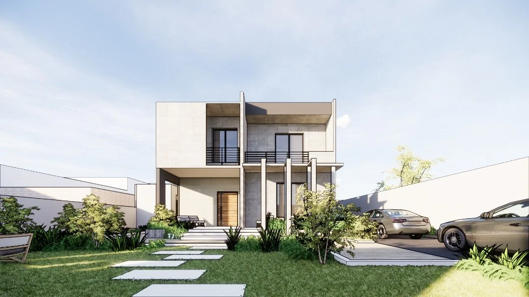 Modern two-story house with a minimalist design, concrete exterior, front porch with steps, landscaped front yard with plants and trees, and parking lot with two cars.