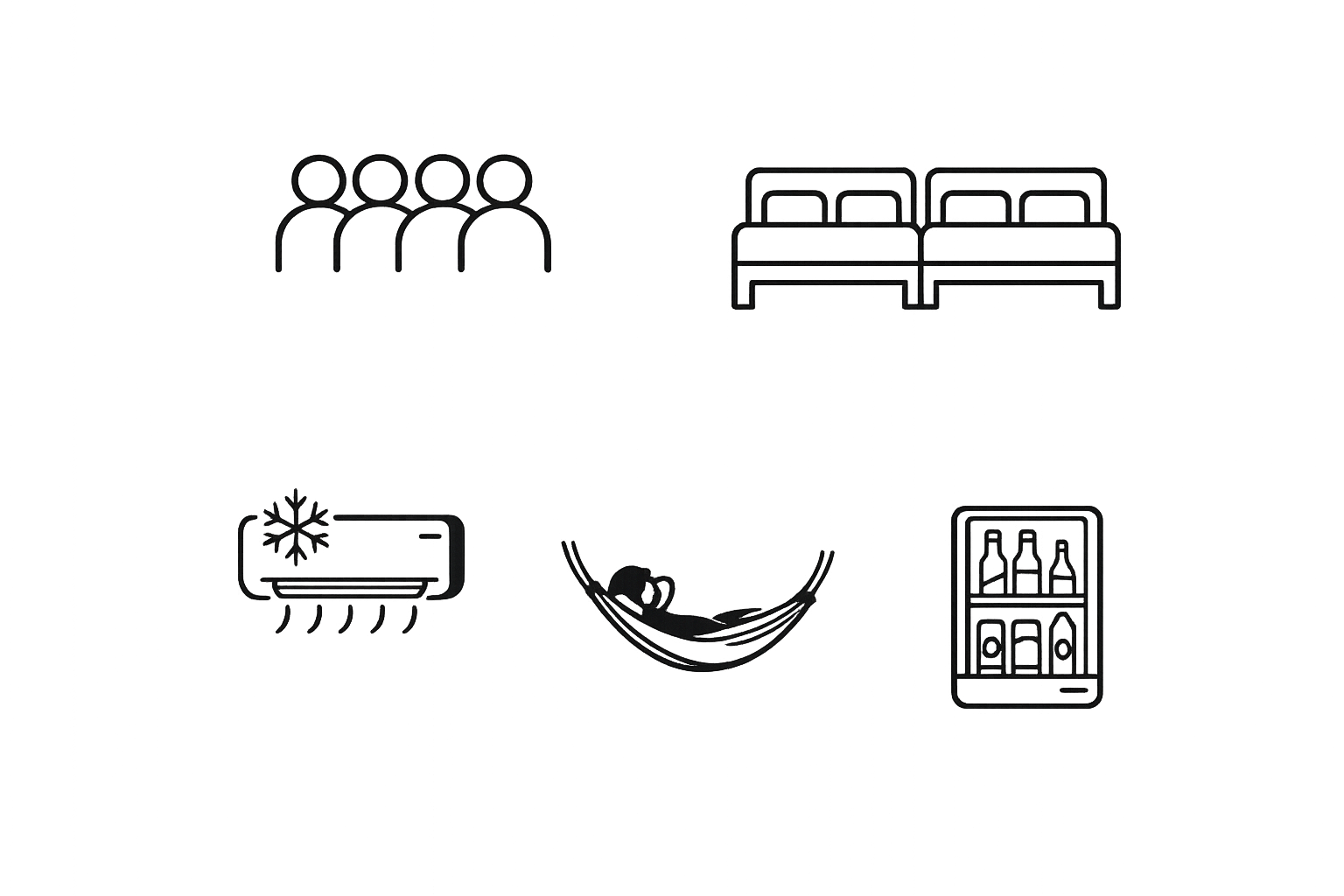 Line drawing of a person relaxing on a hammock with an ice-cold beverage nearby, surrounded by icons representing friends, beds, air conditioning, and bottled drinks.
