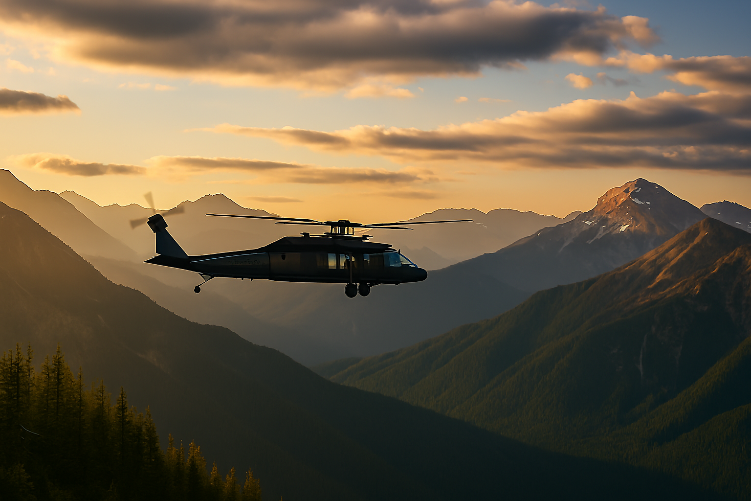 Helicopter flying over mountainous landscape at sunset with clouds in the sky.