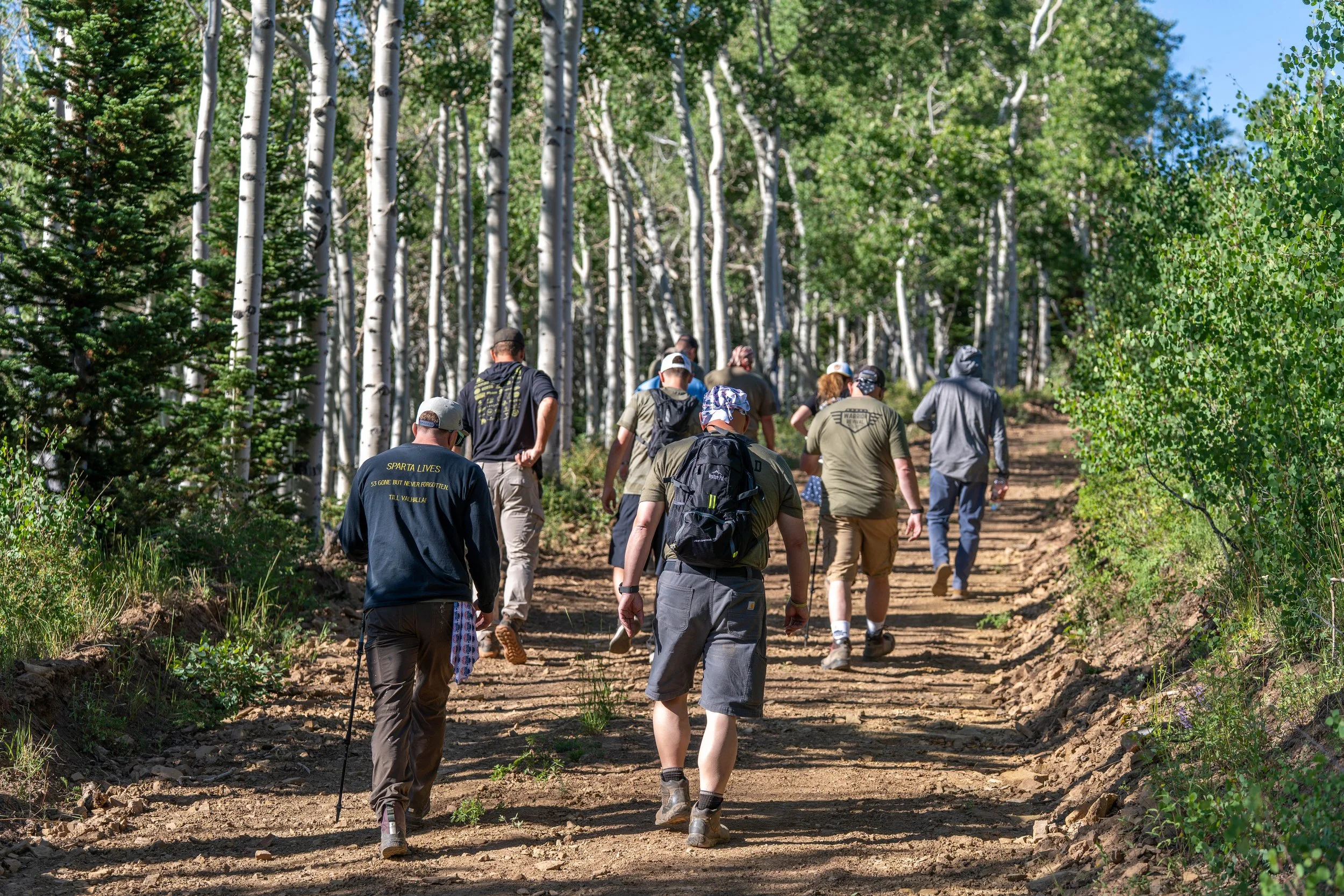 Group of people hiking on a dirt trail through a forest with tall trees and lush green foliage on a sunny day.