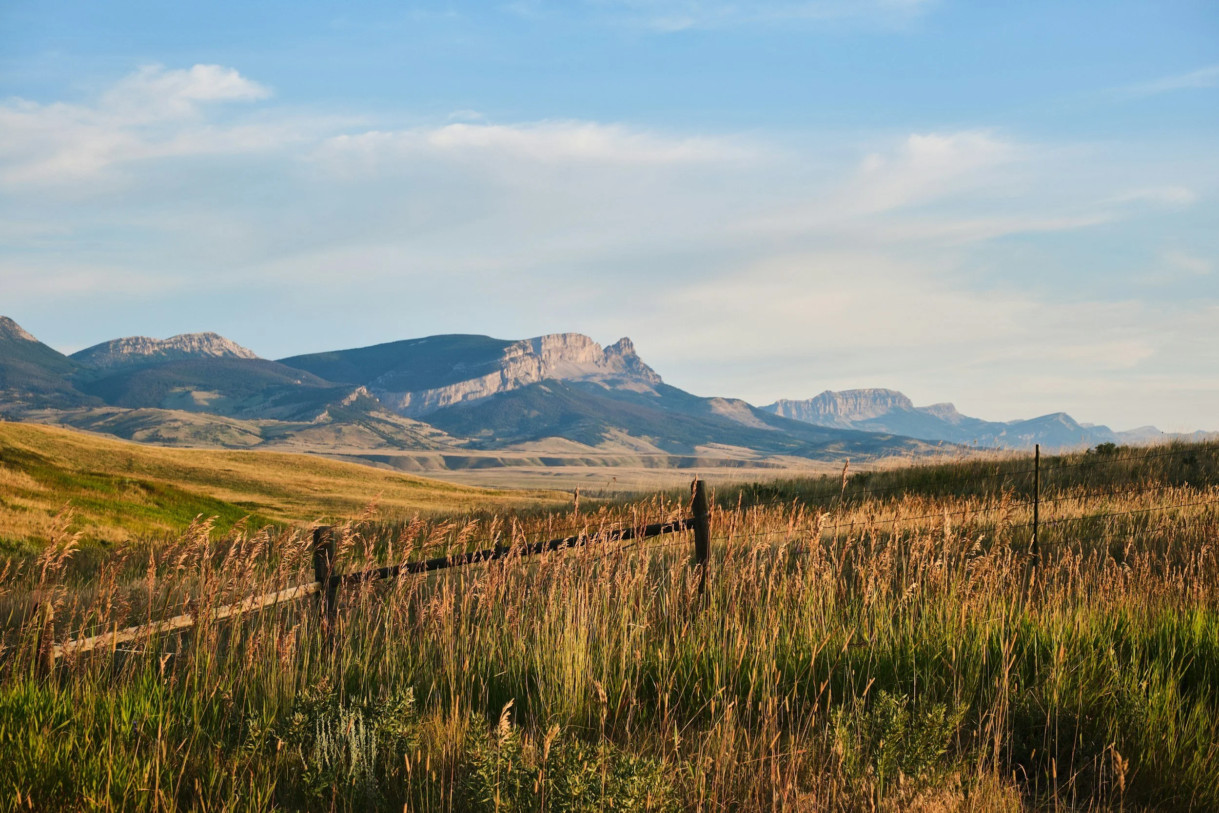 A scenic landscape of rolling hills and mountains under a blue sky with some clouds, with a weathered wooden fence running through tall grass in the foreground.
