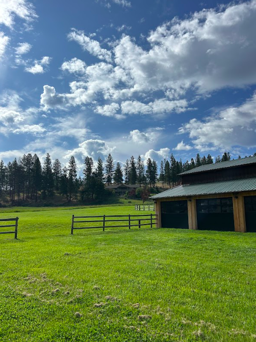 Green field with a wooden fence, a barn with a metal roof, and trees in the background under a partly cloudy sky.