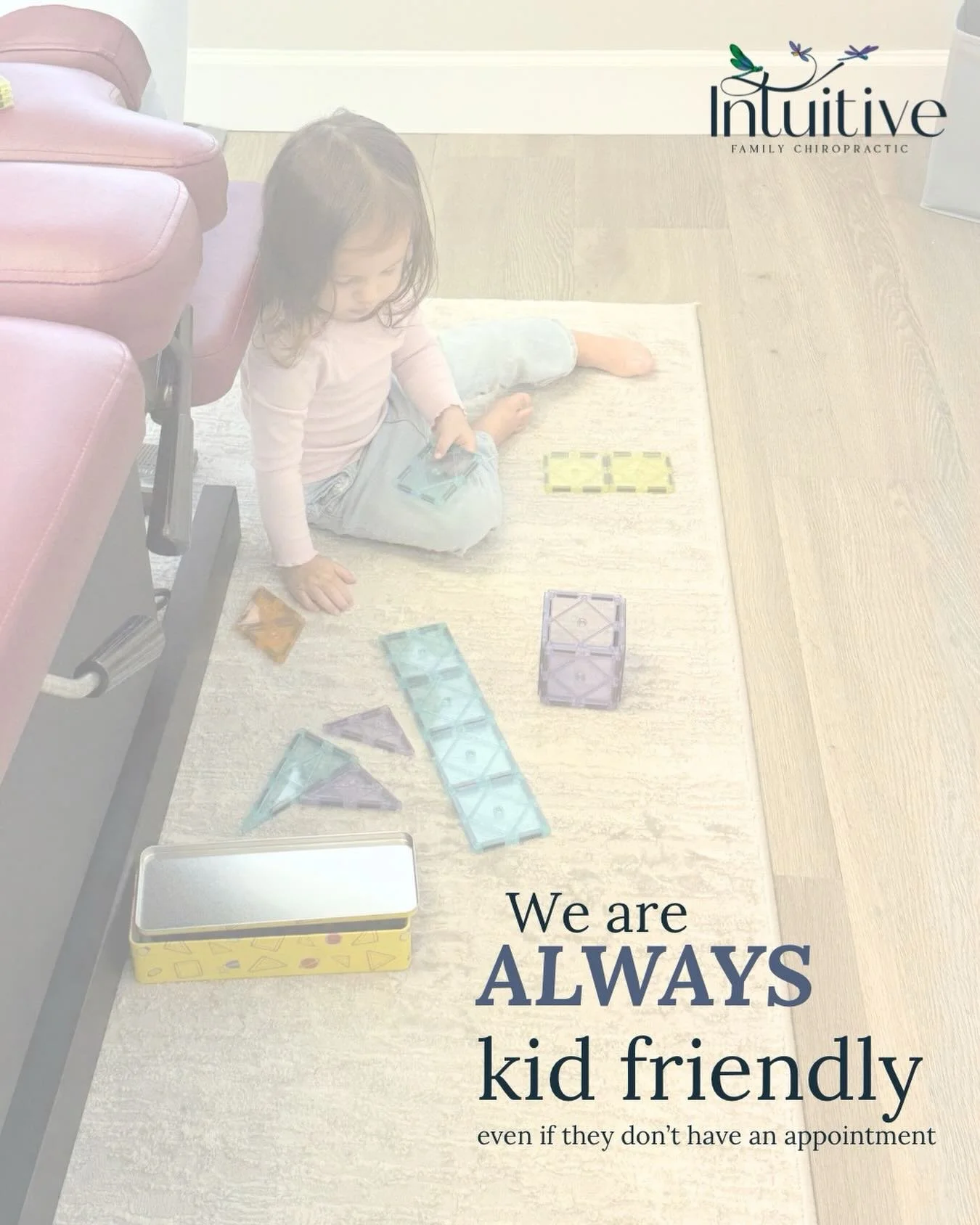 Bring the kids with 💛

At Intuitive Family Chiropractic, little ones are always welcome &mdash; even if they don&rsquo;t have an appointment. Whether siblings are tagging along or your littles need to come with you during your adjustment, we get it&