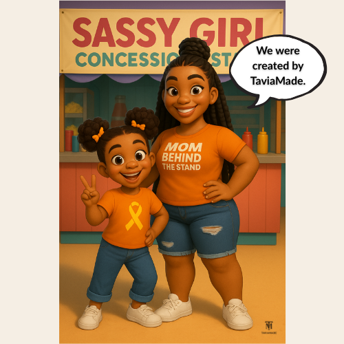 Two young girls with braided hair, wearing orange shirts and jeans, standing in front of a concession stand that says 'Sassy Girl.' One girl is making a peace sign, and the other has her hand on her hip, with a speech bubble saying 'We were created by TaviaMade.'