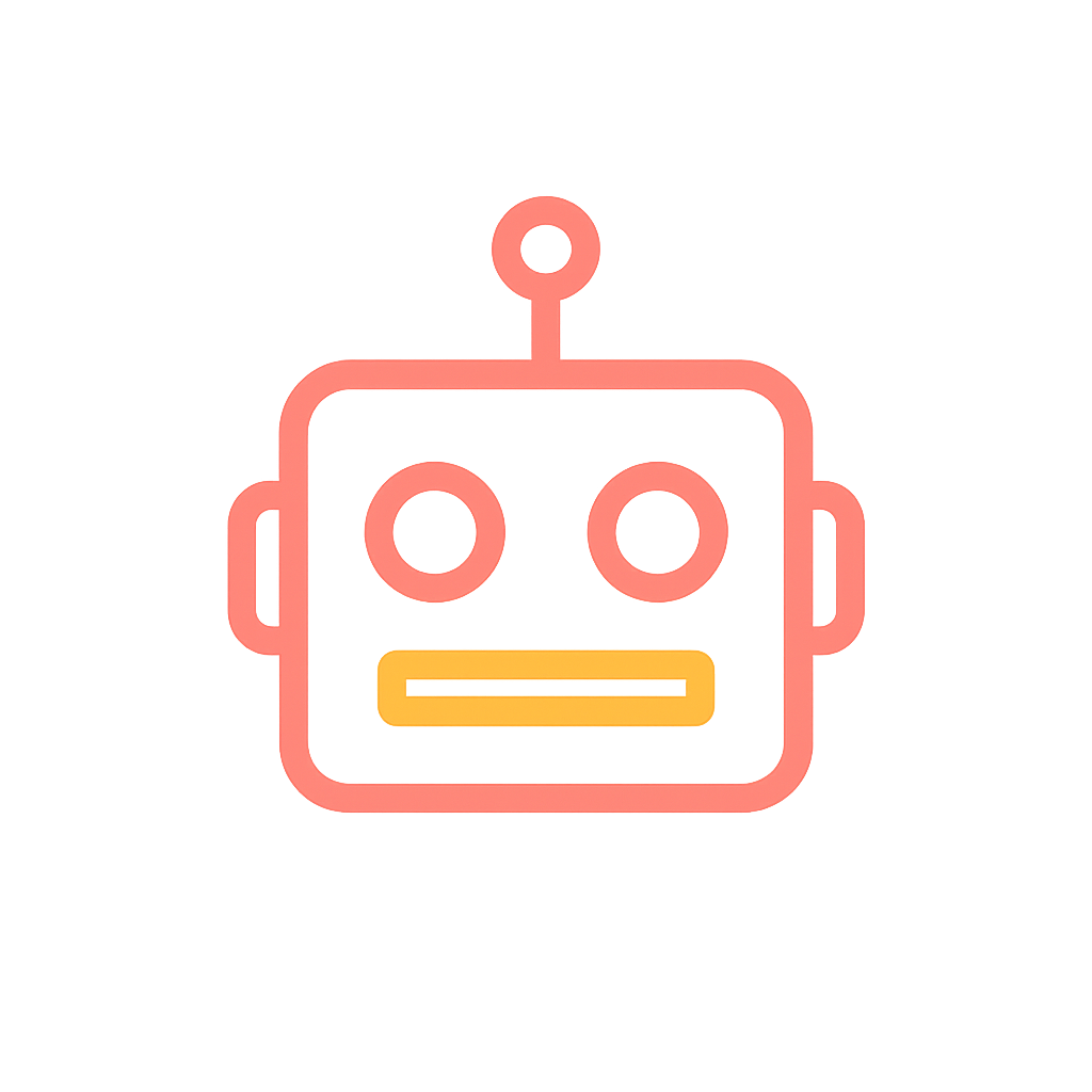 A cartoon-style robot with a pink head, two round eyes, a yellow rectangular mouth, and an antenna on top, positioned in front of a pink wall.