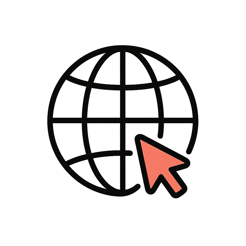 Icon of a globe with a cursor arrow, symbolizing internet or web browsing.