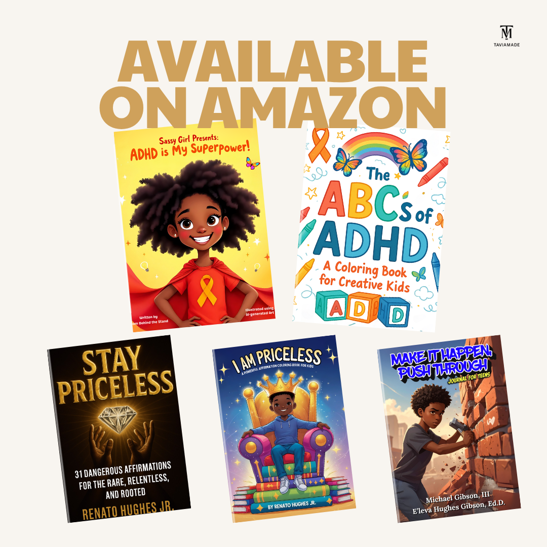 Collection of five colorful books about ADHD and positive affirmations for kids, with titles including "ADHD is My Superpower!", "The ABC's of ADHD", "Stay Priceless", "I Am Priceless", and "Make It Happen, Push Through."