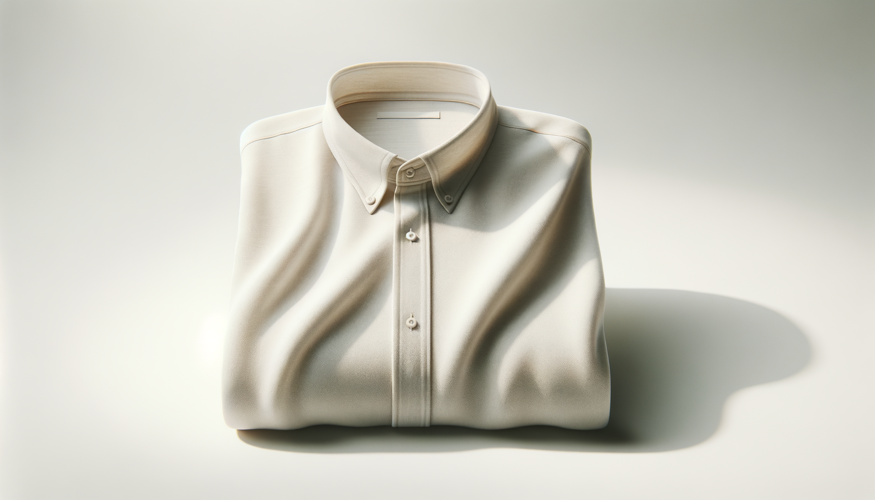 A neatly folded white button-up shirt on a plain surface with soft shadows.
