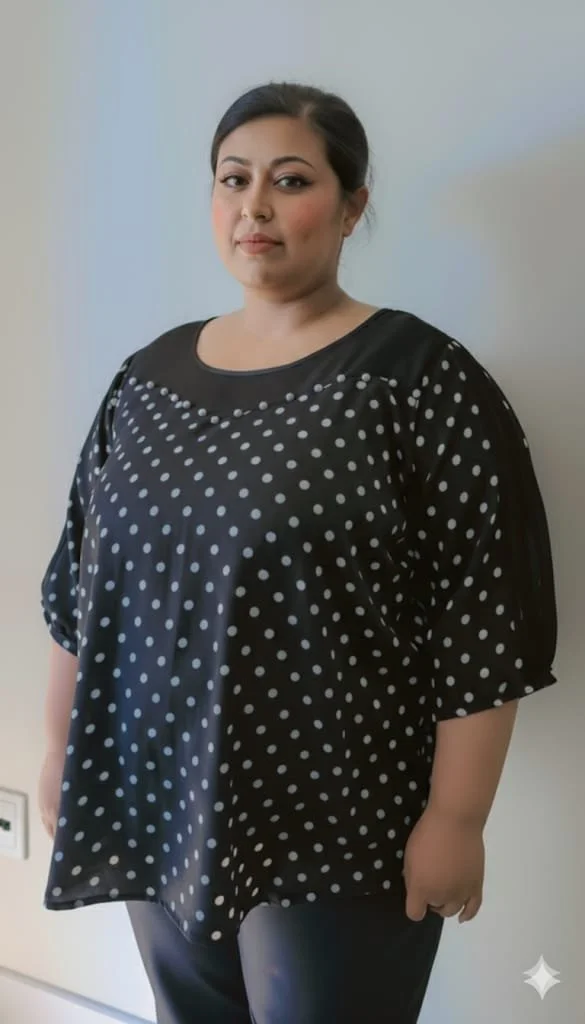 A woman with dark hair pulled back, wearing a black shirt with white polka dots and black pants, standing against a plain wall.