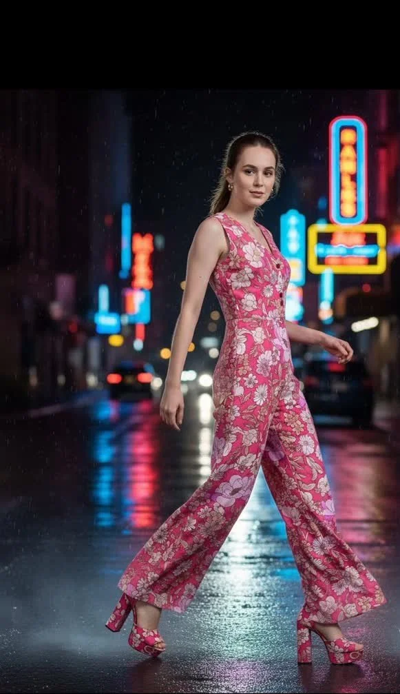 A woman in a pink floral jumpsuit with matching heels walking on a wet city street at night, illuminated by colorful neon signs.