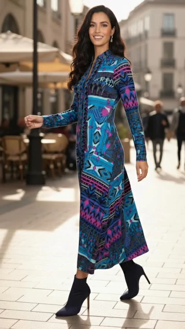 A woman with long dark hair wearing a colorful blue and purple patterned long-sleeve maxi dress and black high-heeled ankle boots, walking on a city street with outdoor seating and buildings in the background.