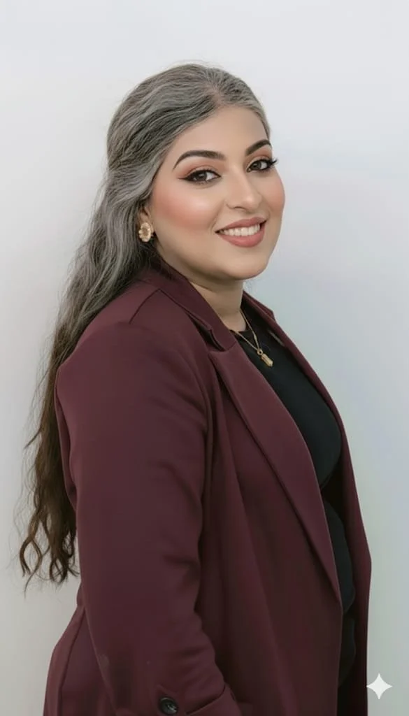 A woman with long, wavy gray hair smiling at the camera, wearing a burgundy blazer over a black top, gold earrings, and a necklace, against a plain white background.