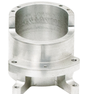 Metal component with a circular opening and bolt holes, likely a mechanical or industrial part.