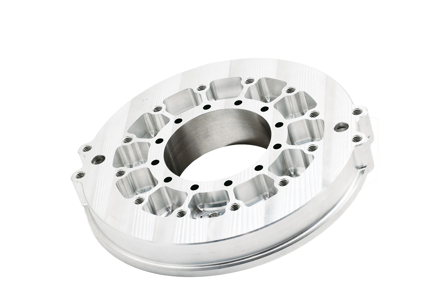 Precision circular CNC milled component with intricate high-tolerance mounting holes