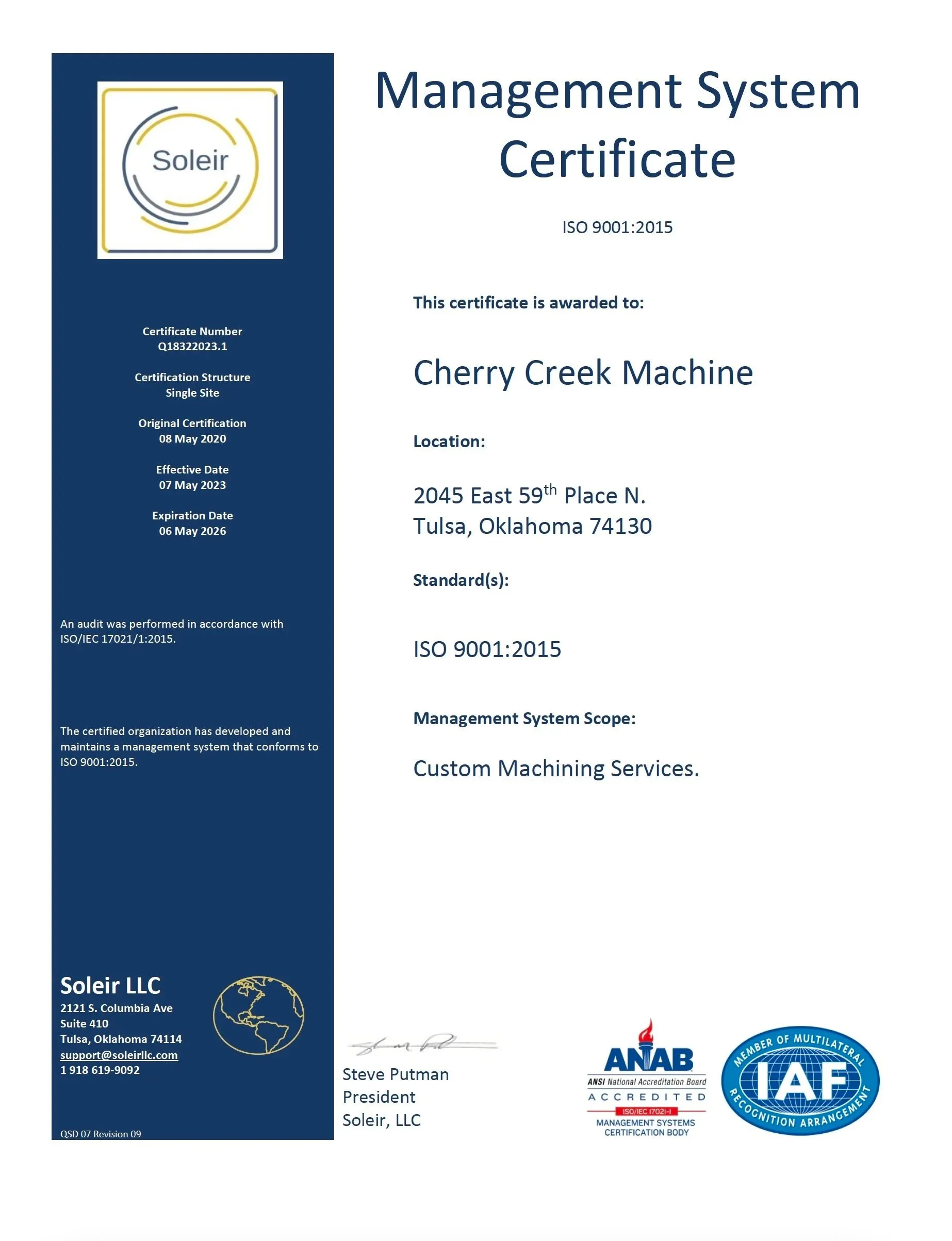 Management system certificate awarded to Cherry Creek Machine for ISO 9001:2015 standard, issued by Soleil LLC, including certificate number, certification details, and logos of accreditation bodies.