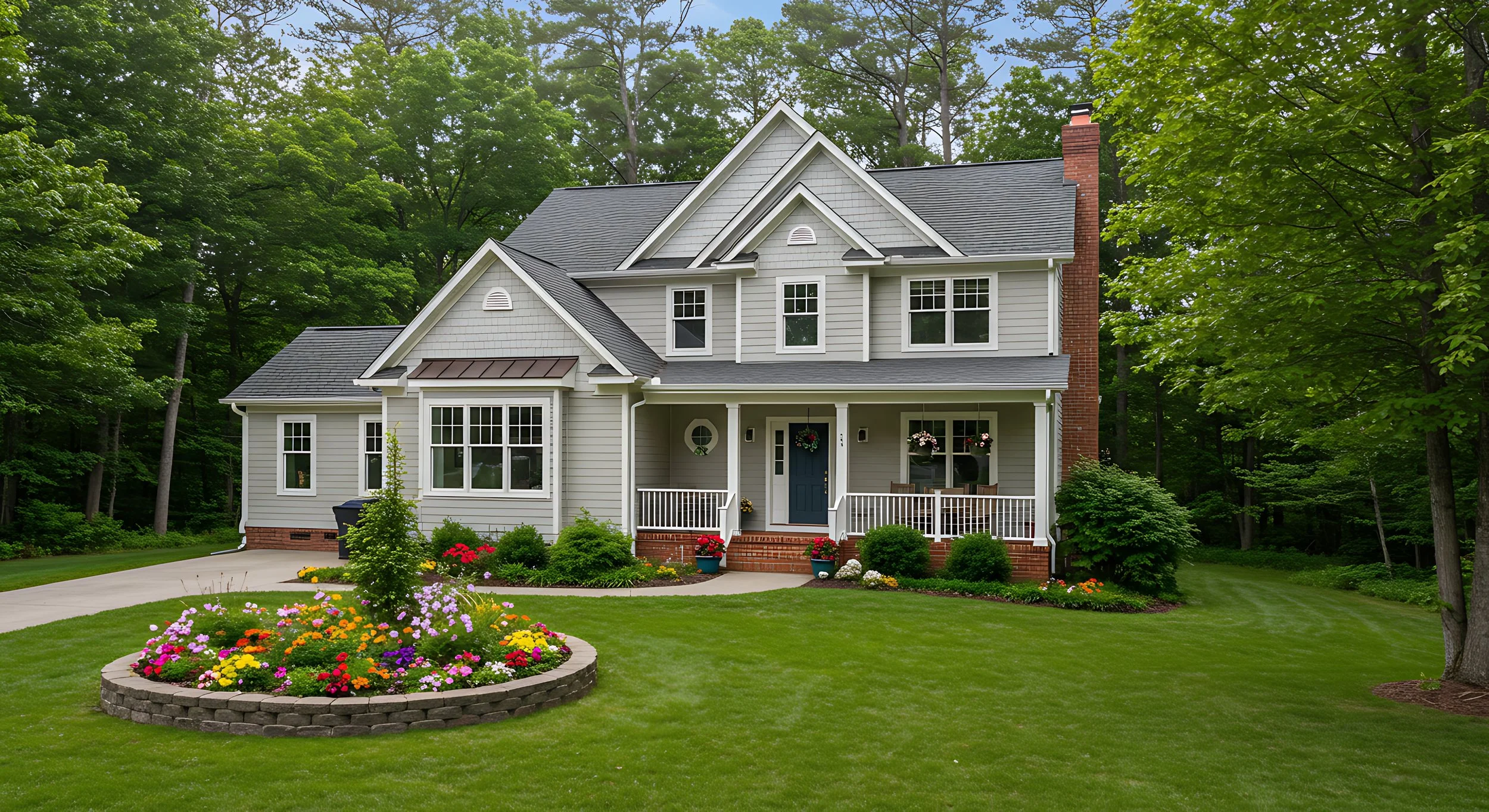 A two-story house with beige siding, white trim, and a front porch surrounded by a well-manicured lawn and colorful flower bed.