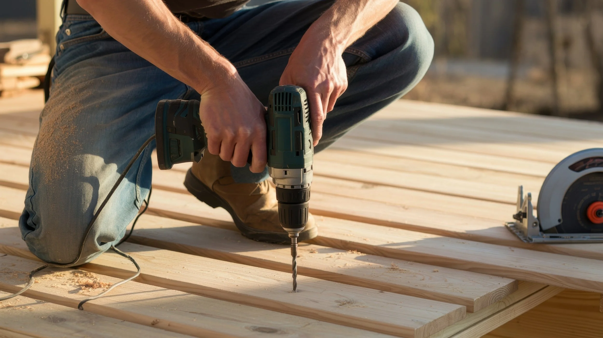 Person using a cordless drill to drive a screw into wooden planks during construction.