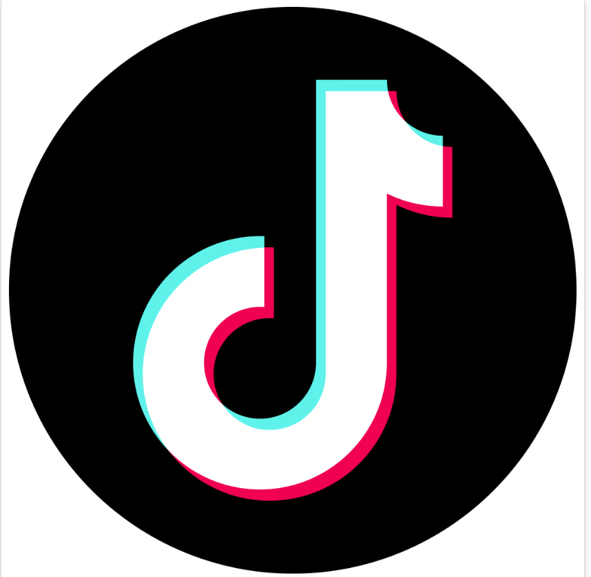 TikTok logo with a white musical note on a black circular background, featuring red and blue outline accents.