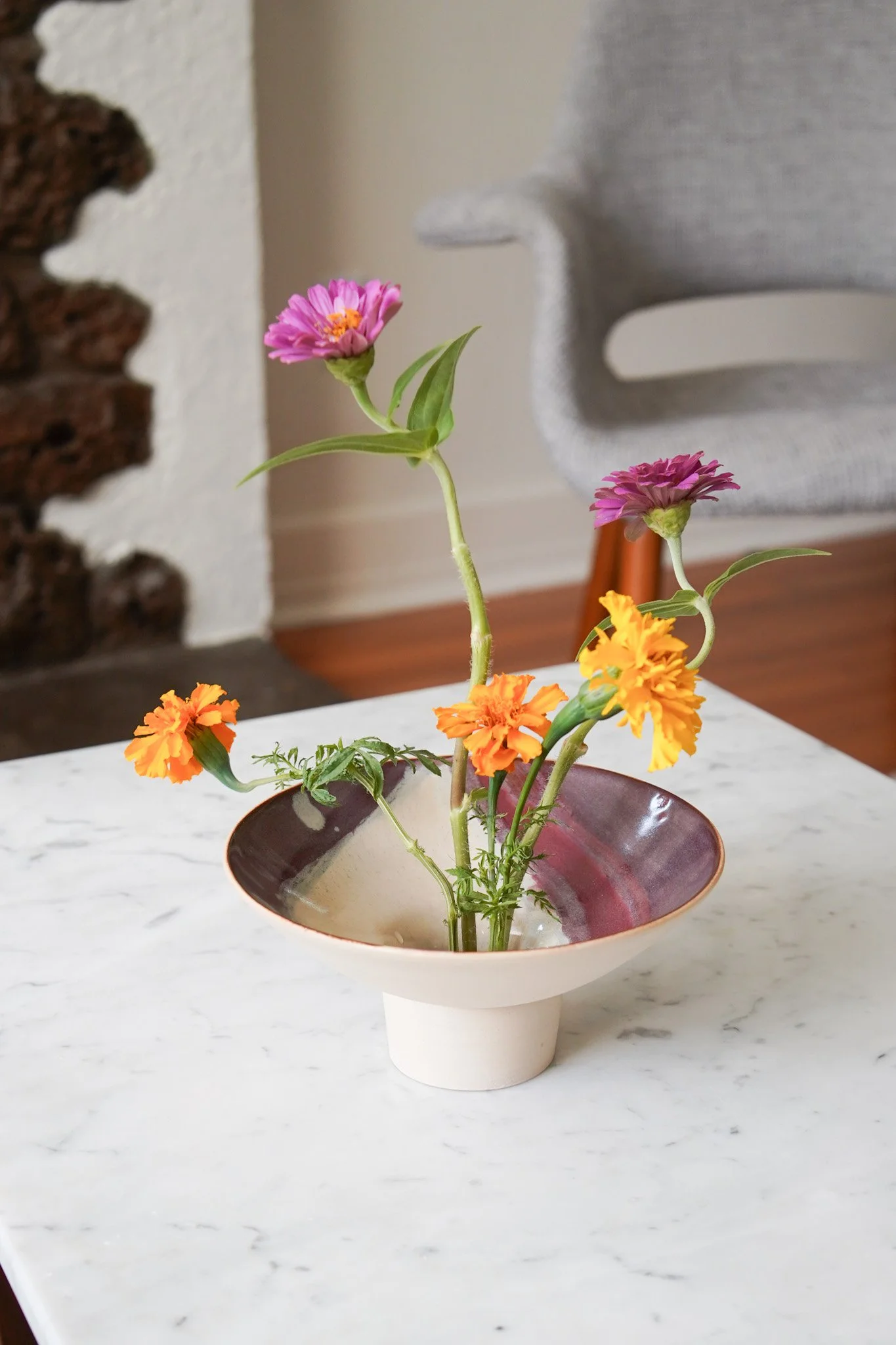 Stoneware Marbled Ikebana Bowl