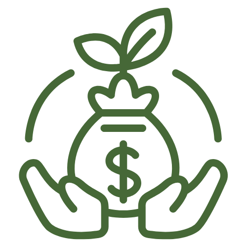 Illustration of two hands holding a bag with a dollar sign, a plant growing from the top, symbolizing financial growth or investment.