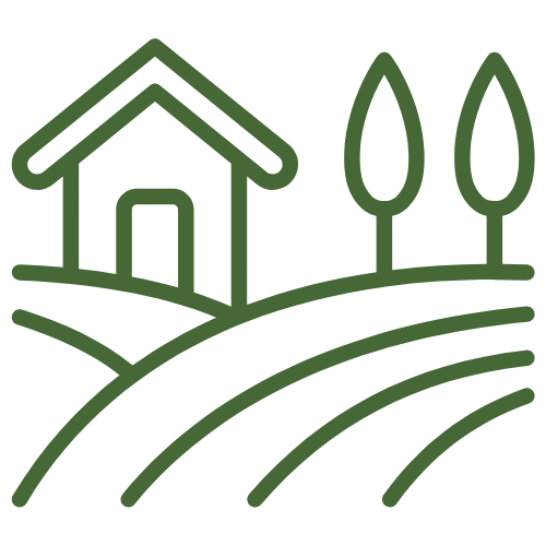 Line drawing of a house with two trees on a landscaped hill.