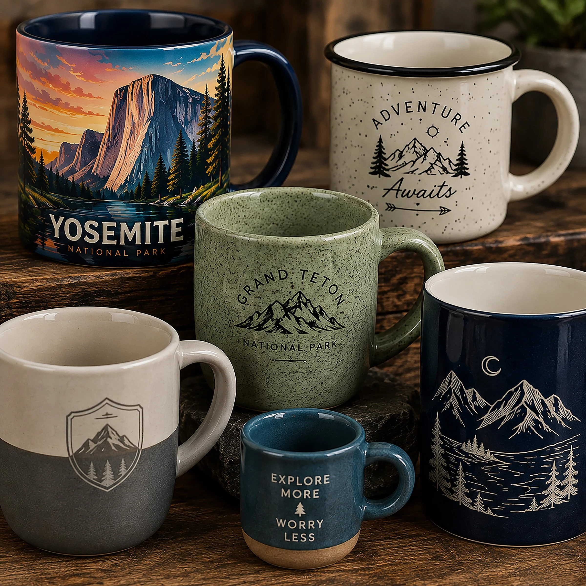 Collection of illustrated destination mugs with Yosemite, Grand Teton, and mountain designs.