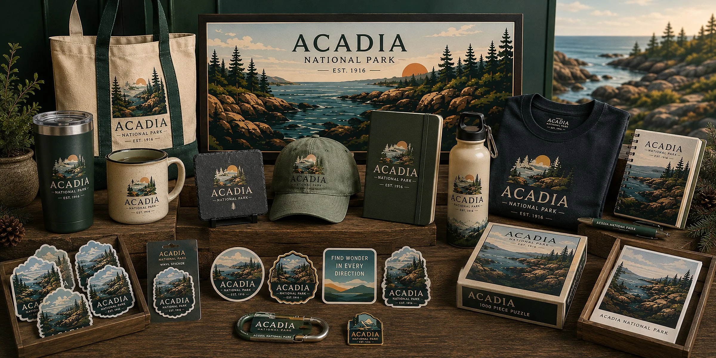 Acadia-themed merchandise collection with illustrated apparel, drinkware, journals, stickers, pins, and art prints.