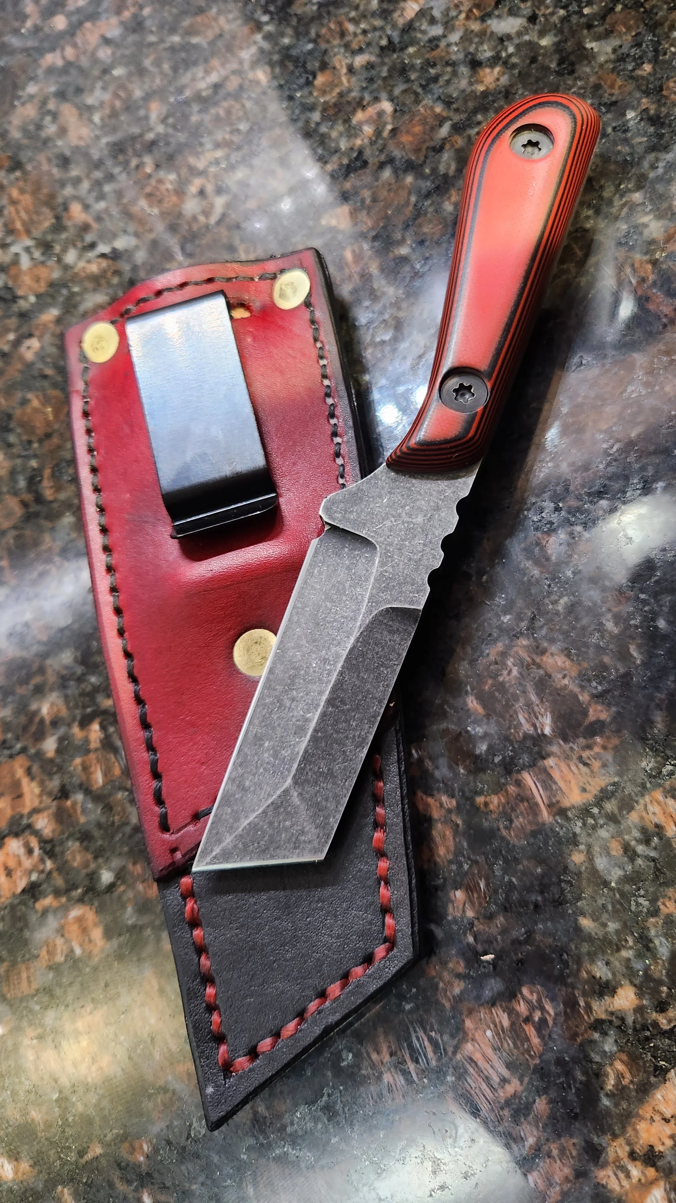 Knife I made for my son that he has carried for over a year now. I have only sharpened it when I made it and he uses it every day at work. It is Nitro V with the G10 material he apparently wants all his knives to have. This handle is removeable so I