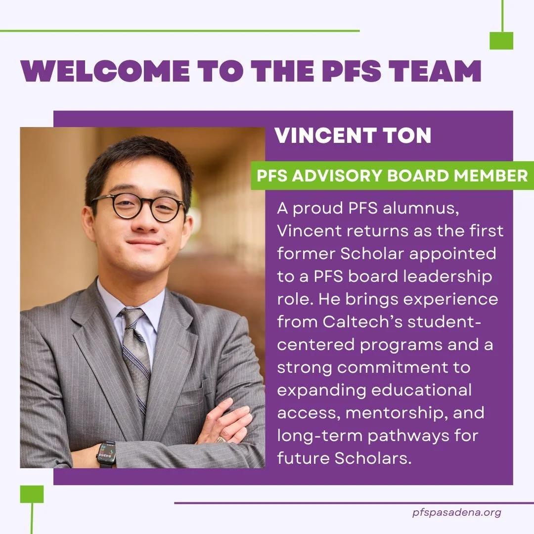 From PFS Scholar to leader, this is a true full-circle moment! We&rsquo;re excited to have Vincent step into a new role on the PFS Advisory Board as the first alumnus to serve in board leadership. His journey highlights the long-term impact of the PF